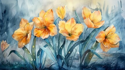 Dreamy watercolor portrait of early spring flowers, dewkissed and glowing in the dawn light