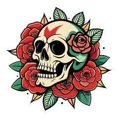 Artwork portraying a skull and roses intertwined with decorative elements like scrolls and flourishes, inspired by old-school tattoo designs