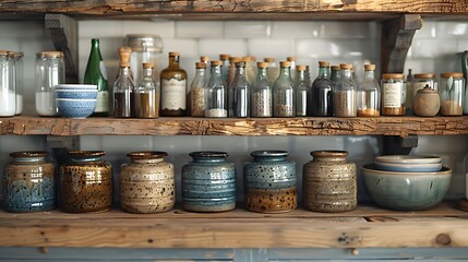 A close view of the details in a rustic farmhouse kitchen, focusing on the texture of weathered wood cabinets and a collection of ceramic pots on open shelves.