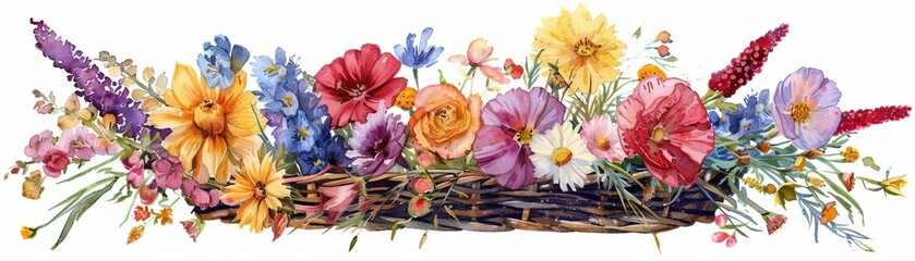 Vibrant watercolor depiction of assorted spring flowers arranged in a picturesque country basket
