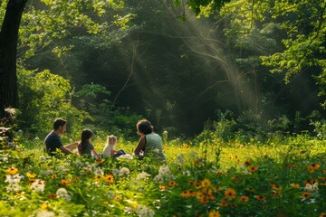 A family picnic in a sunlit meadow, surrounded by lush greenery and colorful wildflowers, Generative AI