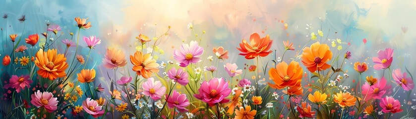 Lush watercolor garden brimming with vivid spring flowers, blooming under a soft morning light