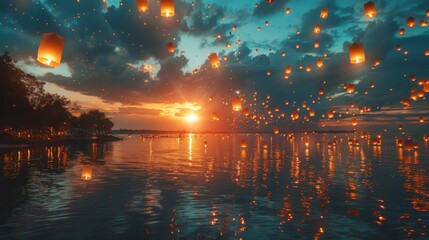 thousands of lanterns being released into the sky at sunset