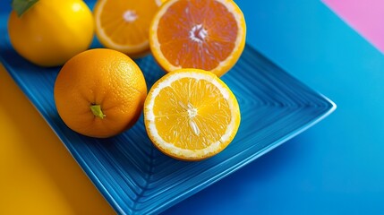 Citrus fruit on vivid color simple minimalist background. Visual representation of citrus food on a blue background in a simple and captivating style.