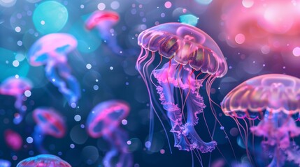 Glowing jellyfish with luminous bubbles against the ocean.