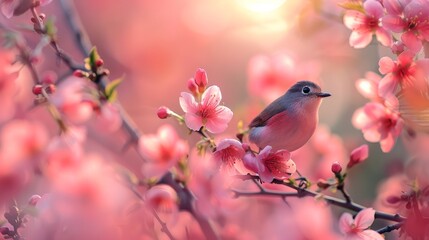 Fototapeta premium Little bird siting on a branch with beautiful pink flowers on it.