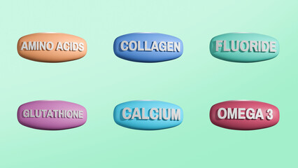 Set of Multi Vitamin complex icons. Multivitamin supplement. Amino acids, Collagen, Fluoride, Glutathione, Calcum, Omega 3
