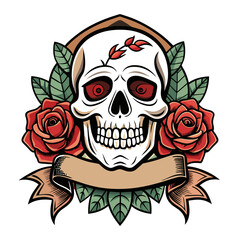 Illustrate a vector composition merging skulls and roses in a traditional tattoo style, incorporating bold lines and rich shading