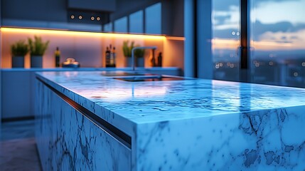 A close-up view of a minimalist kitchen, focusing on the interplay of light on a white marble island and stainless steel fixtures, capturing the essence of modern design.