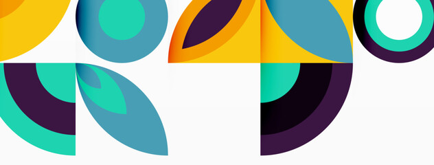 An artistic design featuring a symmetrical pattern of circles, squares, and triangles in electric blue hues on a white background