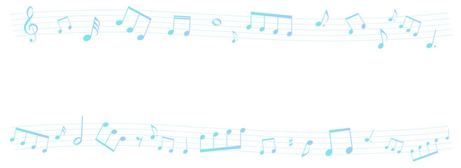 夏をイメージした爽やかな五線譜のフレームイラスト　背景イラスト　音符、休符、音楽記号のイラスト