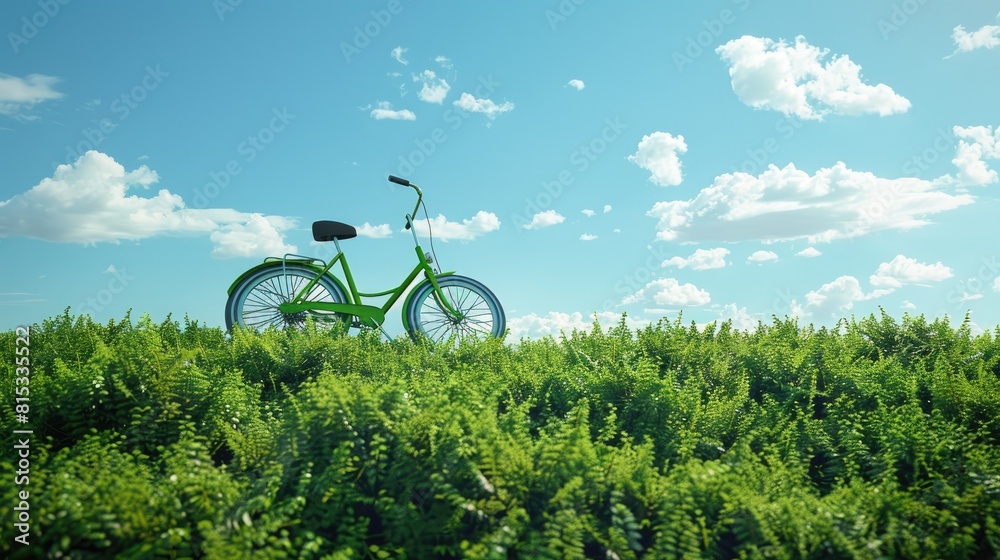 Sticker A green eco friendly bicycle set against a backdrop of lush grass and a clear blue sky embodying the environmentally conscious concept