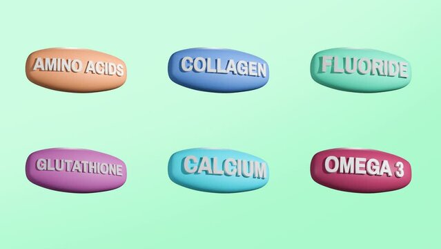 Set of Multi Vitamin complex icons. Multivitamin supplement. Amino acids, Collagen, Fluoride, Glutathione, Calcum, Omega 3