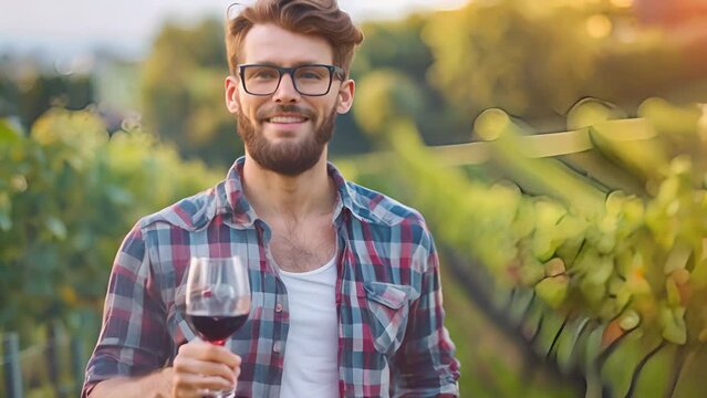 male winemaker in a vineyard, smiling with a glass of wine, vineyard rows behind