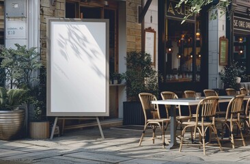 A blank white A2 format poster mockup on the street, standing tall in front of an outdoor cafe. Background blurred