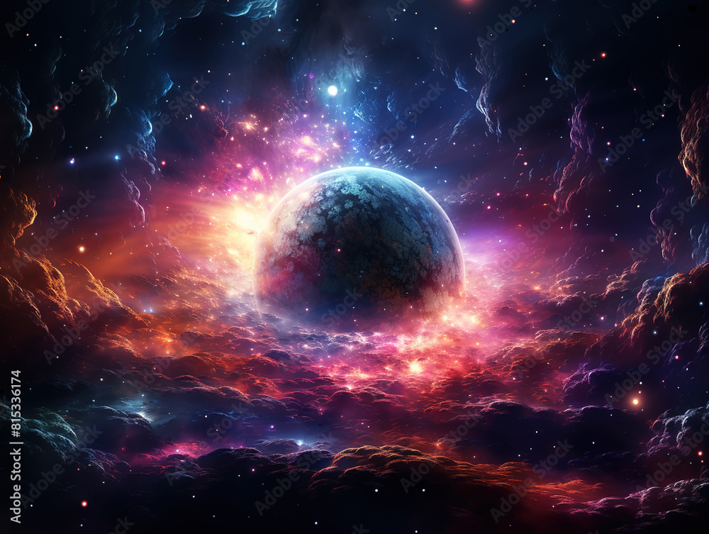 Canvas Prints glowing spaceship orbits planet in starry galaxy