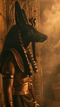 A statue of Anubis stands guard in a Pharaoh's tomb, with hieroglyphics glowing in the flickering torchlight. Vertical video