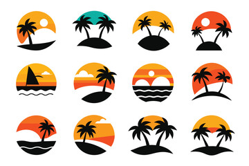 Set of sunset beach logo Silhouette Design with white Background and Vector Illustration