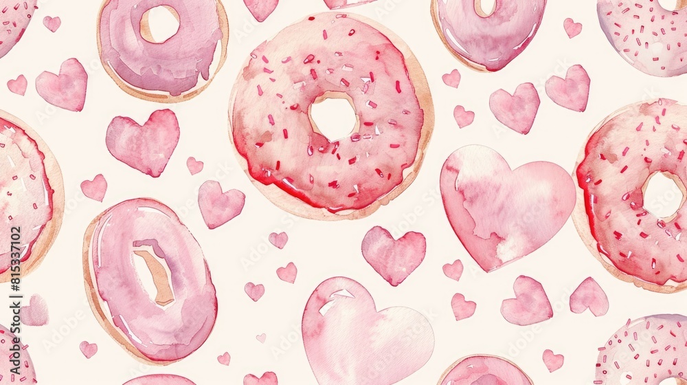 Poster An enchanting watercolor design featuring a seamless pattern of pink donuts and hearts perfect for Valentine s Day illustrations