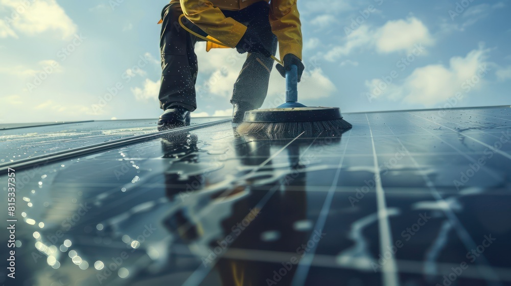 Wall mural a man that is cleaning photovoltaic panels with a rotating brush