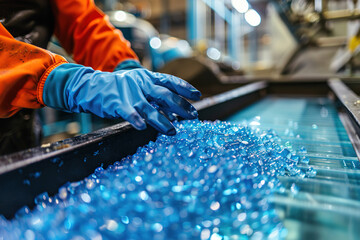 Worker inspecting plastic pellets in factory, quality control in manufacturing process.