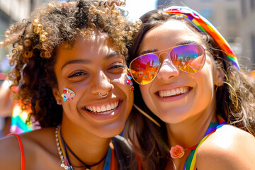 Happiness moments of friendship concept. Selfie portraits of happy LGBTQ+ lesbian couple smiling face, meet at pride month celebration parade. Two young beautiful woman, girlfriend smile together.