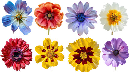 Spring Blossom Collection: Vibrant Colorful Flowers Isolated on Transparent Background - Top View PNG Digital Art 3D