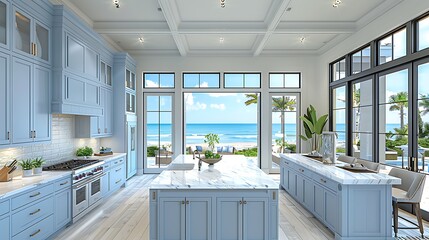 A hyperrealistic image of a coastal beach kitchen with light blue cabinets, white marble countertops, and a view of the ocean through large windows.