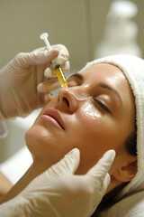 Surgeon injecting filler, rejuvenating patient's skin for youthful appearance, medical setting.