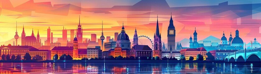 Travel through historical cities flat design front view cultural heritage theme water color Triadic Color Scheme