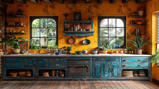 A hyperrealistic image of an eclectic boho kitchen with vibrant mismatched colors on cabinets and walls, adorned with unique cultural artifacts and lush indoor plants.