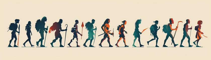 Genetic studies in anthropology flat design side view human evolution theme cartoon drawing Monochromatic Color Scheme