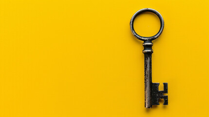key on yellow background with copy space.