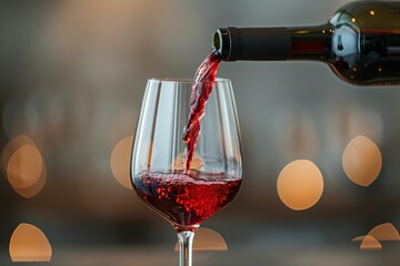 A glass of red wine is poured into a wine glass