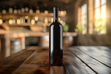 A bottle of wine is sitting on a wooden table