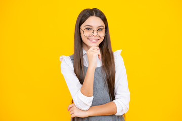 Beautiful teen girl student. Portrait of teenager school girl on isolated background. Clever schoolgirl, nerd smart child.