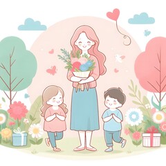 AI Generate of Happy Mother's Day Vector, Mother and Children, Mother and Daughter, Mother and Son.