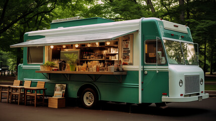 Food truck mobile cafe in the park, photo shot