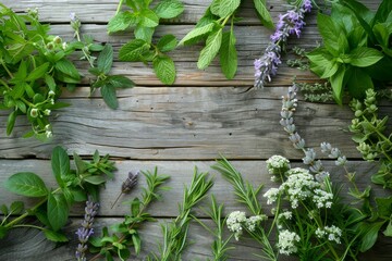 Organic and fresh herbs and spices on a wooden background.