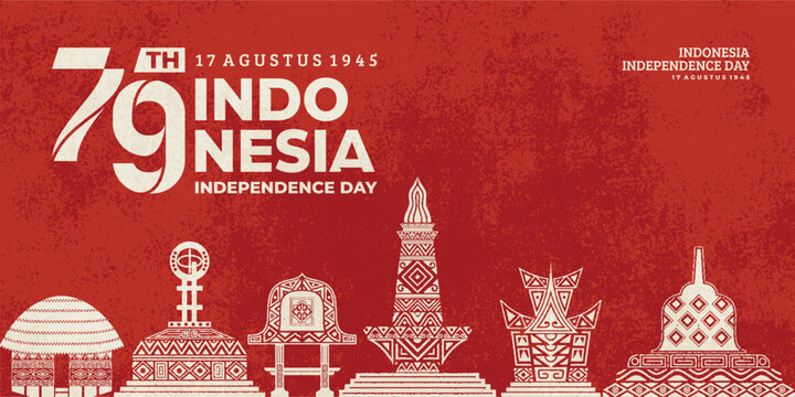 Poster celebrating Indonesia's independence on August 17 with illustrations of the Borobudur temple, national monument, Rumah Gadang, Equator Monument, Haanoi house, Bale Lumbung.