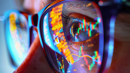 Close-up of Person Wearing Glasses with Stock Market Data Reflection