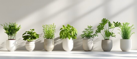 Minimalist Still Life of Japanese Culinary Herbs in Neutral Toned Ceramic Pots with Selective Focus for Packaging and Label Design