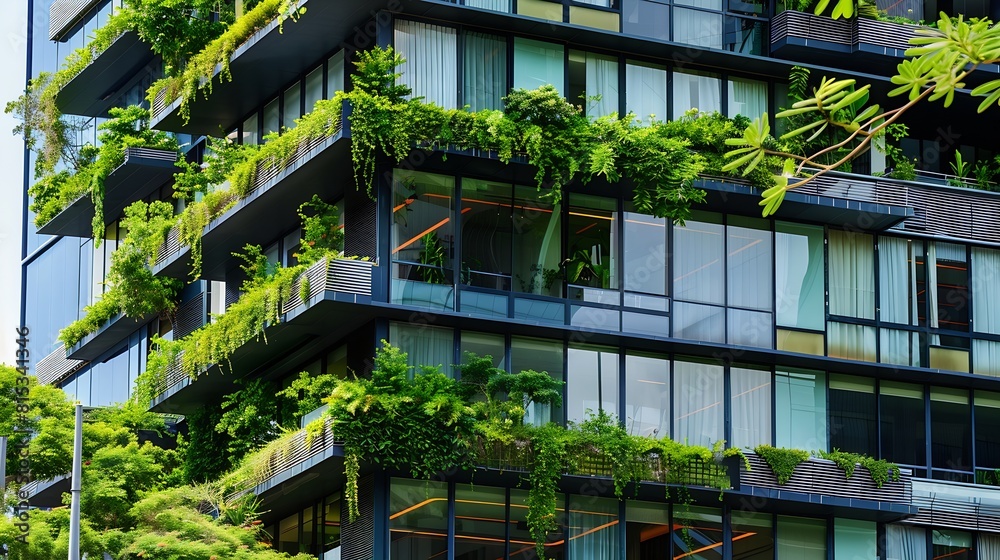 Aufkleber selective focus on tree and eco friendly building with vertical garden in modern city green tree for