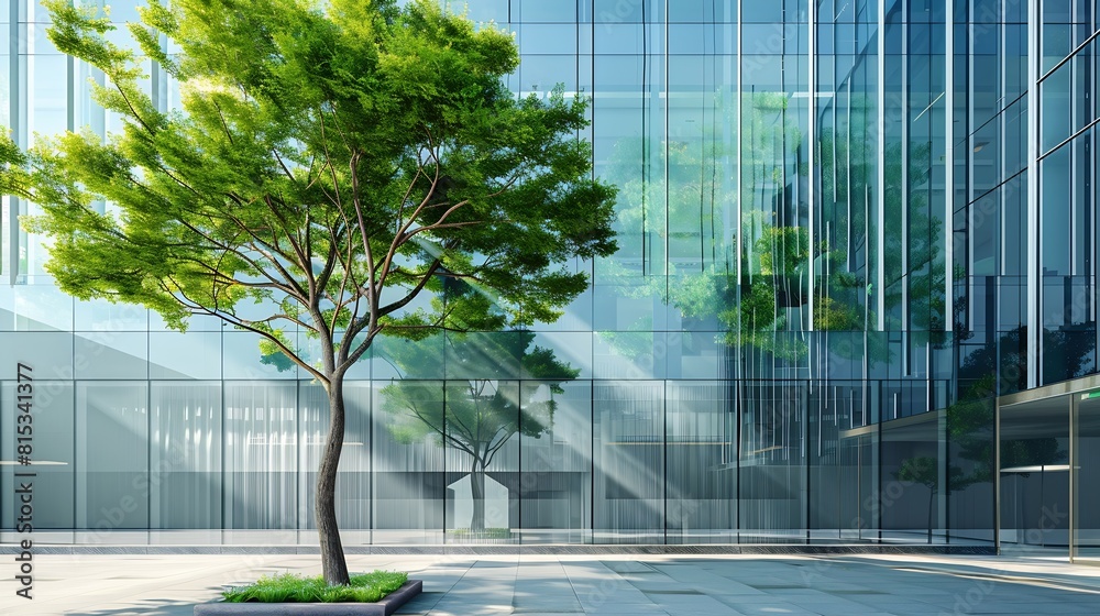 Poster sustainable green building ecofriendly building sustainable glass office building with tree for redu