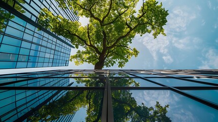 Sustainble green building Ecofriendly building in modern city Sustainable glass office building with tree for reducing carbon dioxide Office with green environment Corporate building r : Generative AI