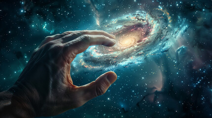 Fototapeta premium Hand Grasping Galaxy in Space, Cosmic Concept