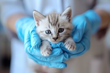 Close-up of a veterinarian's hands, wearing blue gloves, gently holding a small fluffy kitten during a check-up.