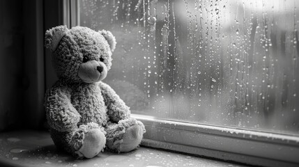 On International Missing Children Day a forlorn teddy bear in black and white sits by the window on a rainy day gazing outside with a sense of loneliness embodying the concept of loss