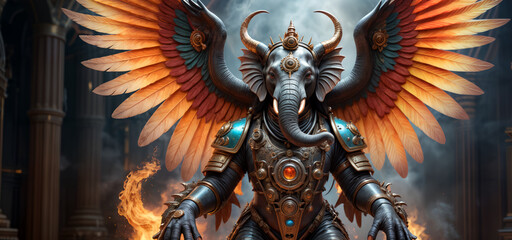 Fototapeta premium Steampunk elephan style Garuda bird facing the camera spreading its wings, around the Garuda bird there are two dragons in the style of spitting fire