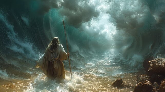 Portrait of the biblical back view of Moses dividing the sea with his stick: a depiction of divine power and liberation, with towering walls of water parting to reveal a path of destiny.
